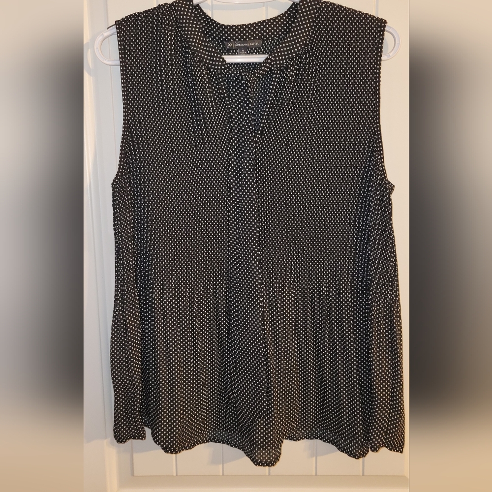 Adrianna Papell Black and White Polka Dot Pleated Blouse with Mandarin Collar M